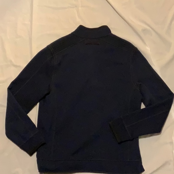 Men’s Navy Button Plaque Henley with Topstitching and  Brown Corduroy Trim - Picture 5 of 10